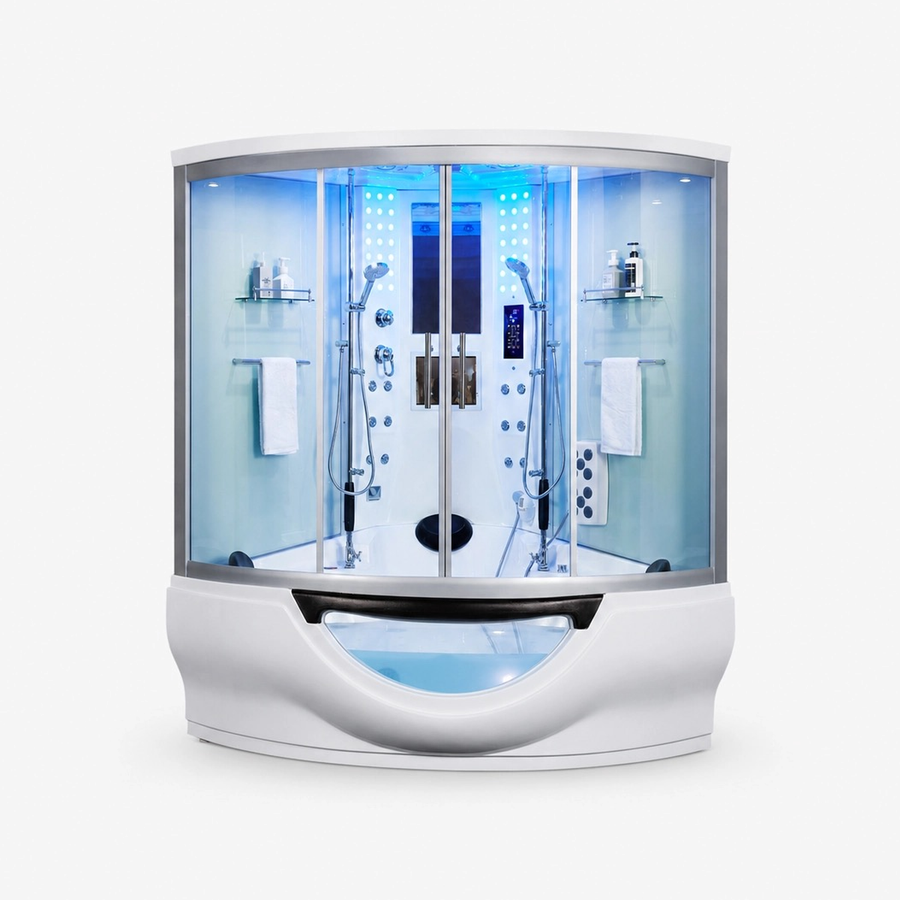 Maya Bath Superior 2-person steam shower with heated whirlpool tub, white, front view