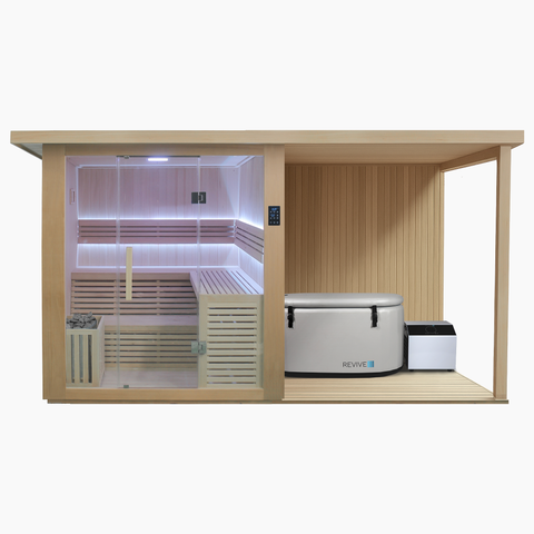 Revive 4 Person Sauna with Deck Extension and Inflatable Plunge Package