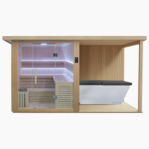 Revive 4 Person Sauna with Deck Extension and Acrylic Plunge Package