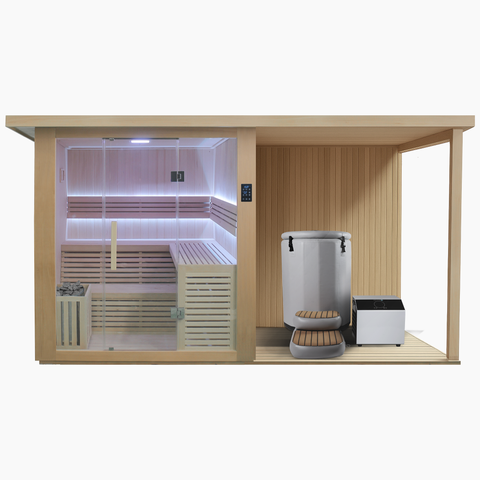 Revive 4 Person Sauna with Deck Extension and Inflatable Barrel Plunge Package